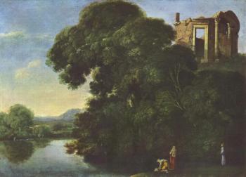 亞儅 埃爾斯海默 Landscape showing the Temple of Vesta in Tivoli